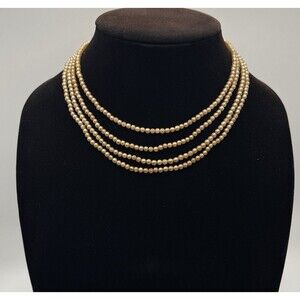 Vintage 4 Strand Faux Pearl Necklace Box Clasp Rhinestones Peach Color 15”